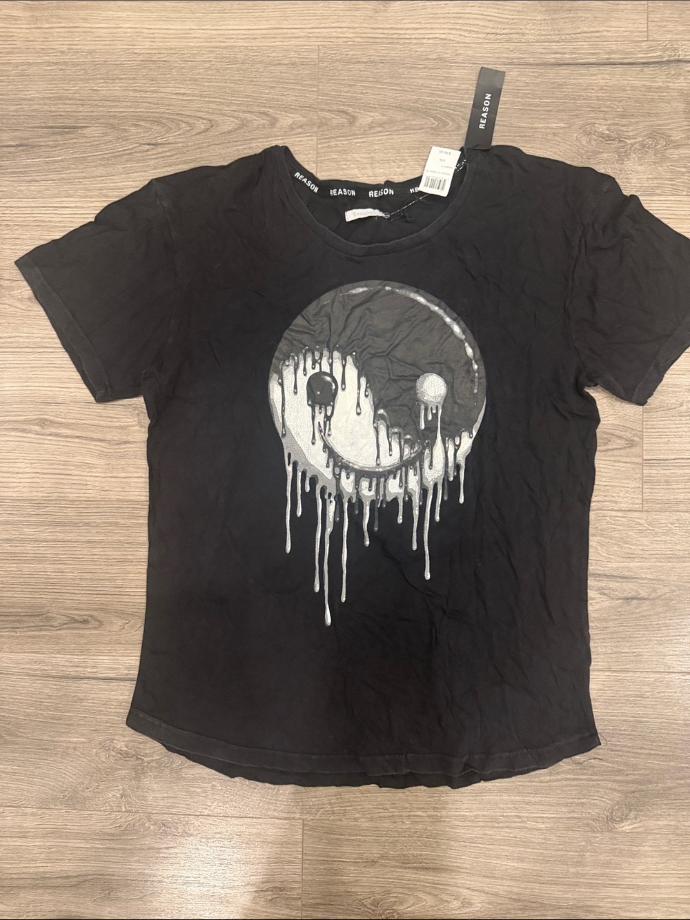 Reason Brand Black Dye Wash Melting Yin Yang Smiley Face Tee Men’s Size XXL